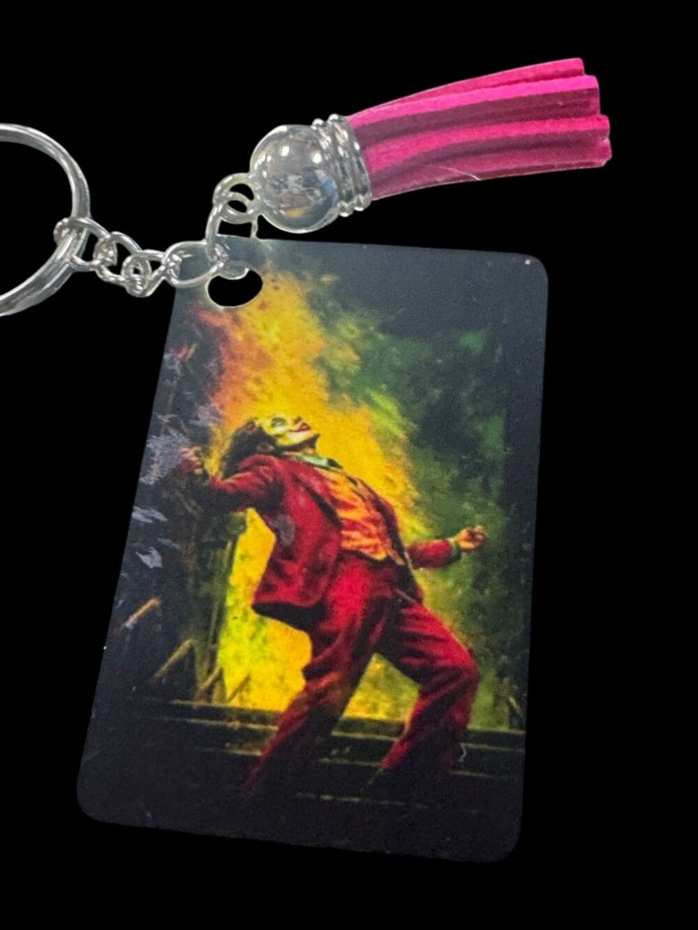 Joker Dancing Graphic Metal Keychain with Pink Tassel and Silver Ball Charm,